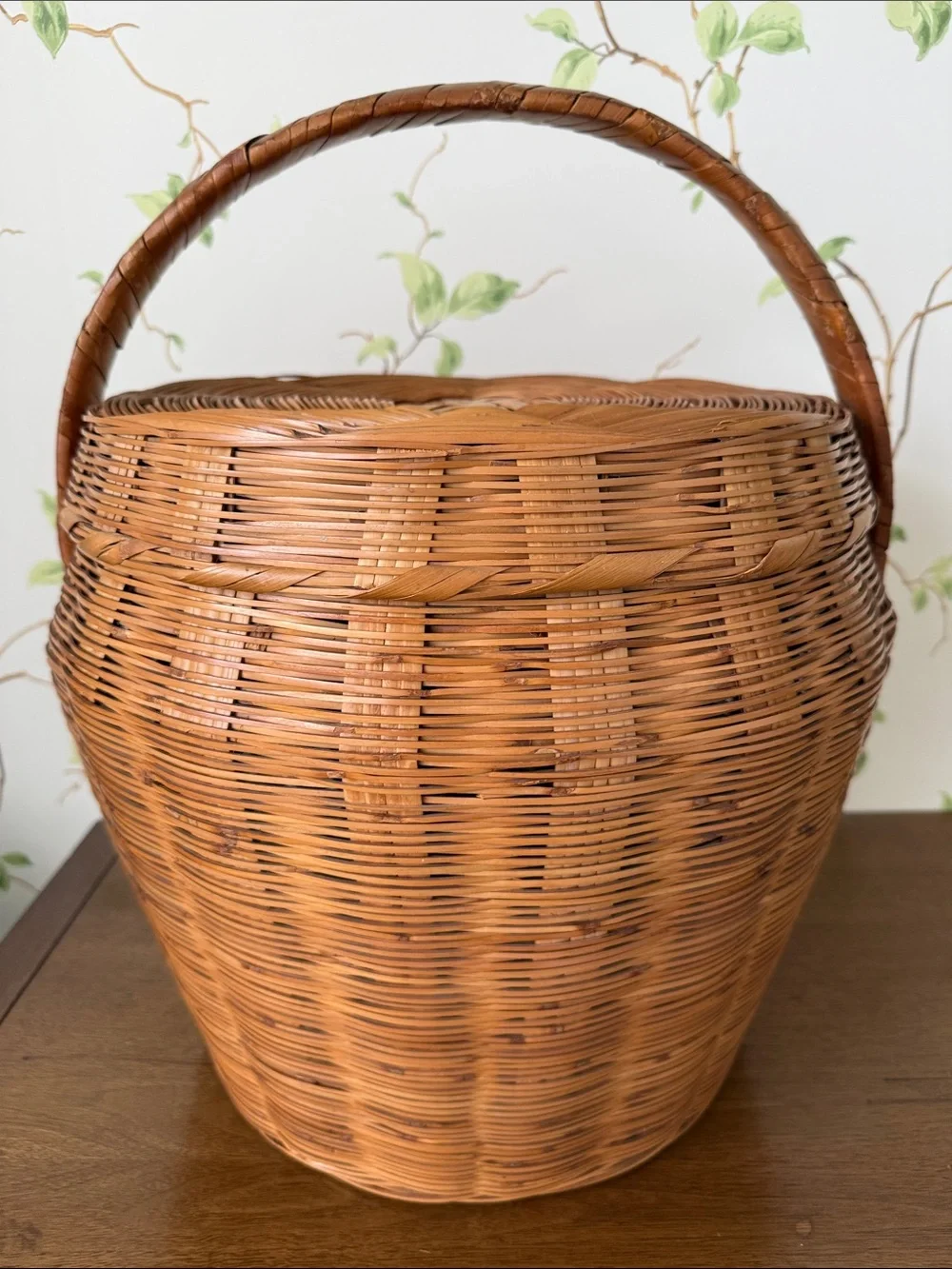 Vintage Hand-Woven Wicker Basket Lid and Sturdy Handle